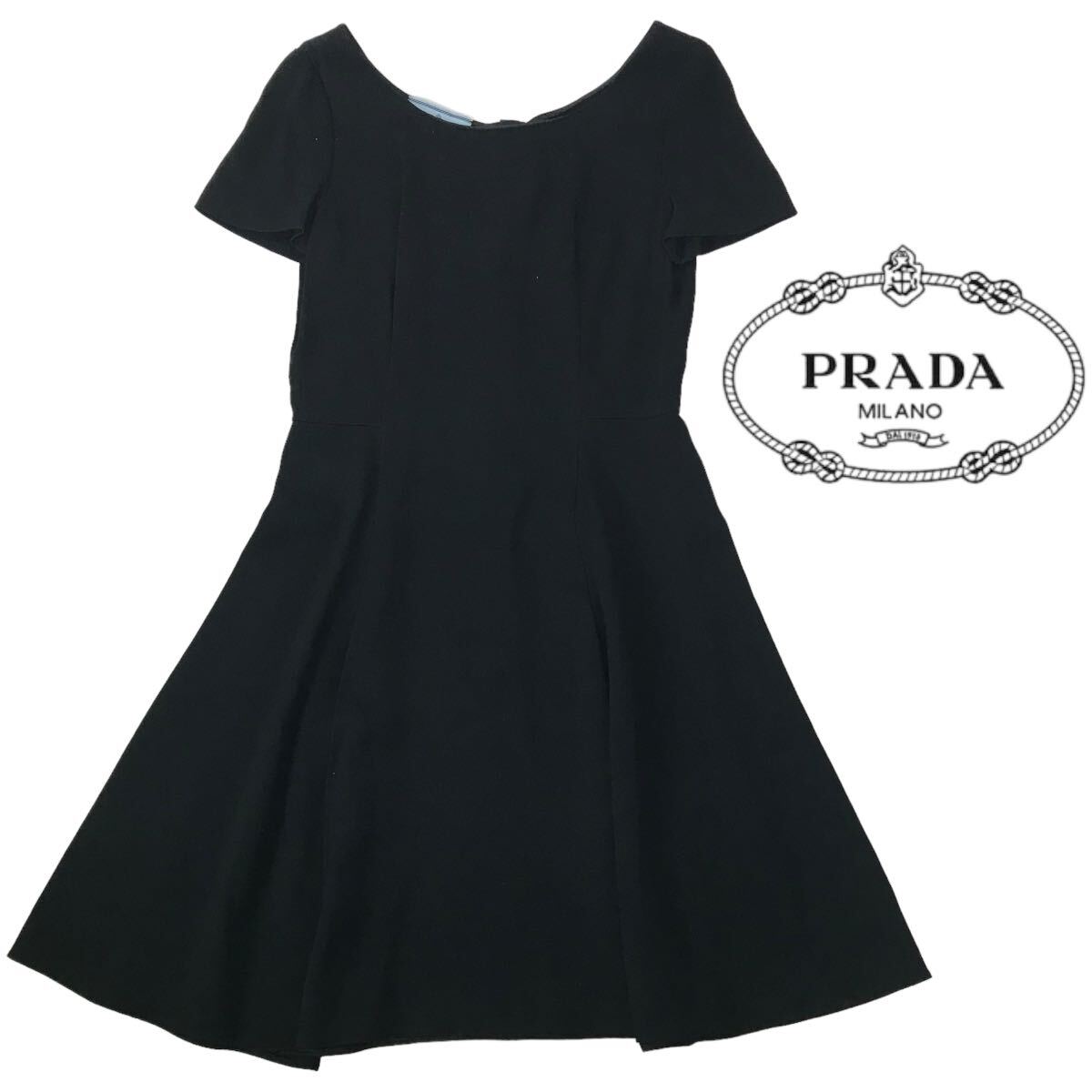 j183 良品 PRADA プラダ 2014 半袖 ワンピース フォーマル ドレス ブラック 黒 42 レディース 正規品の画像1
