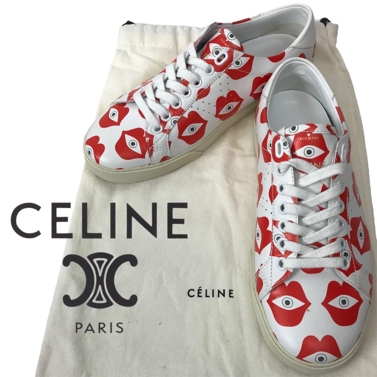 j239 superior article CELINE Celine leather low cut sneakers shoes eye lip print design white 36 Spain made CWN09 regular goods 