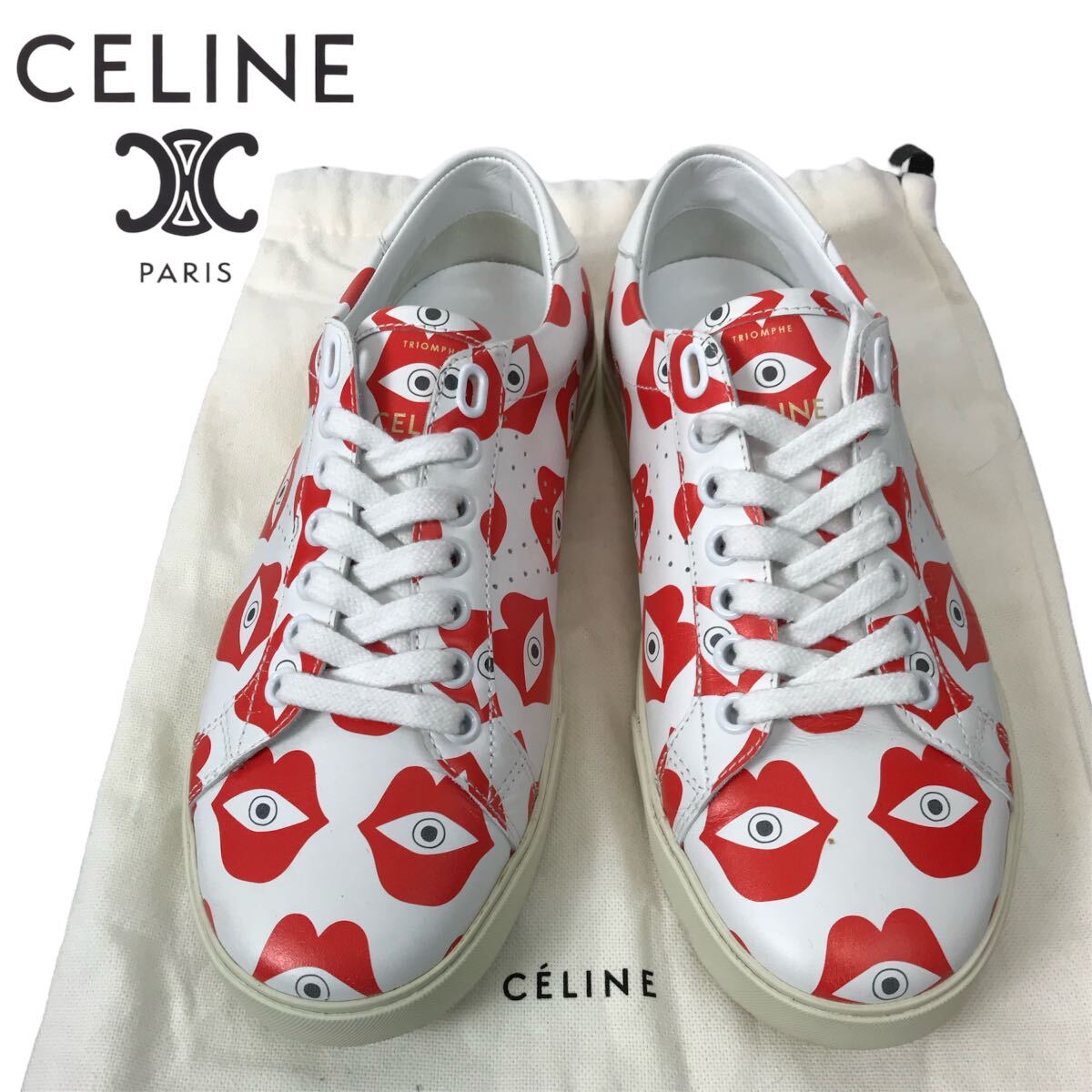 j239 superior article CELINE Celine leather low cut sneakers shoes eye lip print design white 36 Spain made CWN09 regular goods 