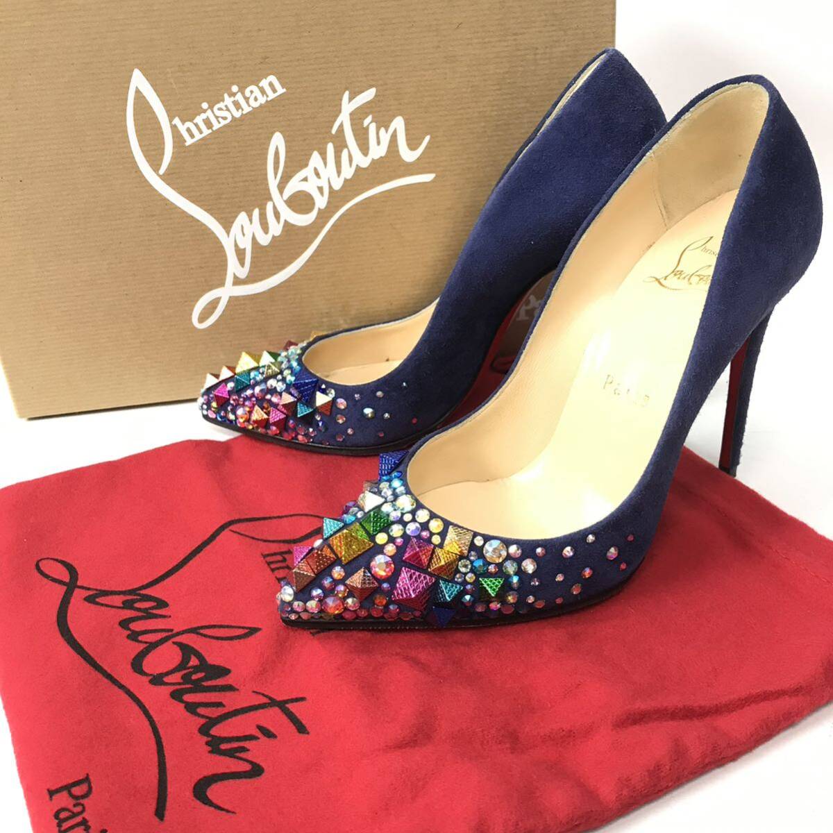 j250 Christian Louboutin クリスチャン ルブタン スエード レザー パンプス スタッズ ラインストーン 35 イタリア製 正規品 レディース