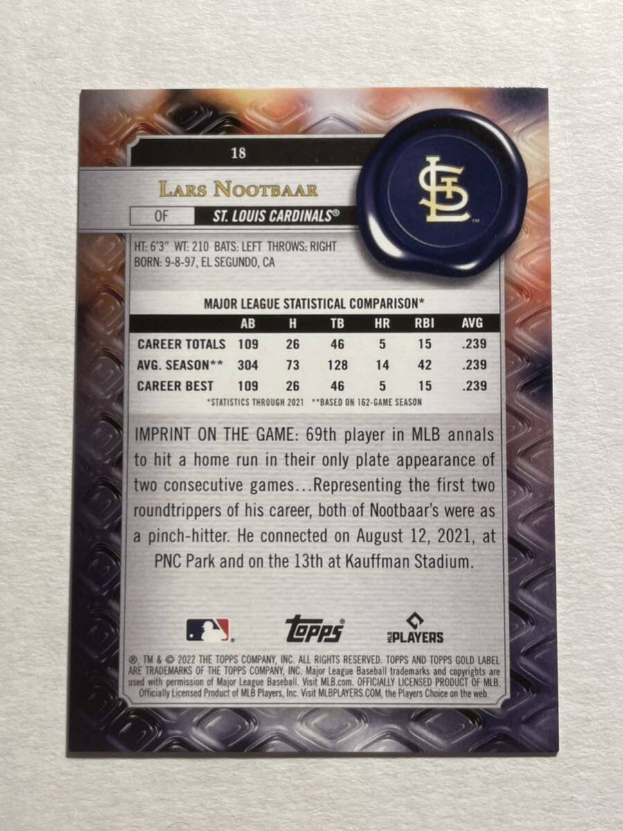 75枚限定 ラーズ ヌートバー RC 2022 Topps Gold Label RED パラレル ルーキーカード Lars Nootbaar Rookie Card MLBカードの画像2