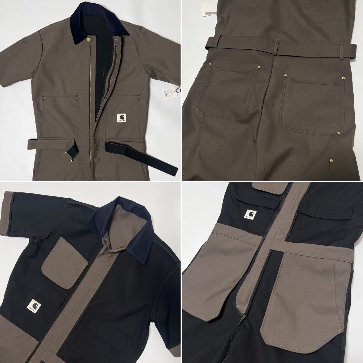 希少 新品未使用 Sacai Carhartt WIP Suiting Bonding Jumpsuit Taupe 24SS サイズ2 サカイカーハート ジャンプスーツ 黒グレー メンズ_画像5