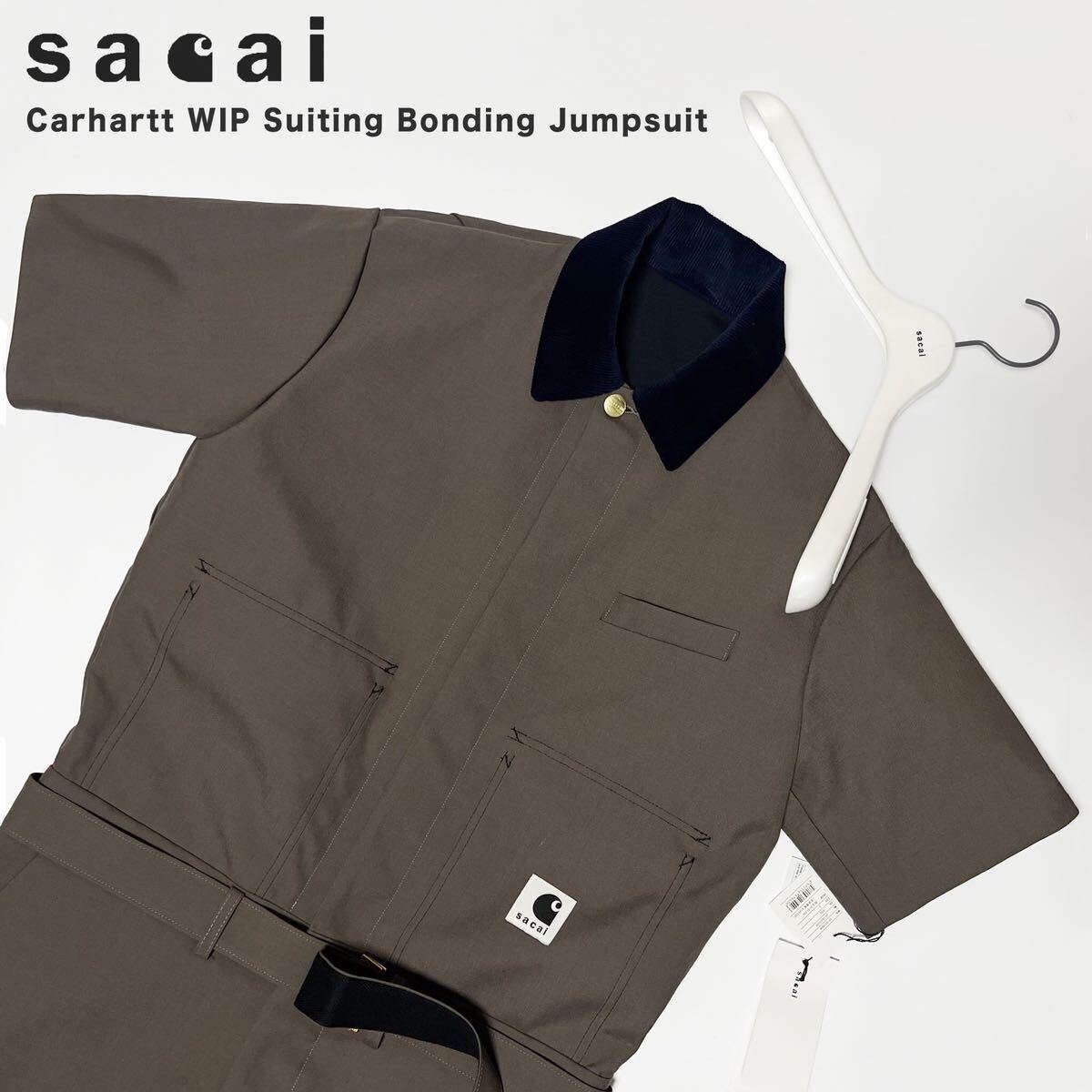 希少 新品未使用 Sacai Carhartt WIP Suiting Bonding Jumpsuit Taupe 24SS サイズ2 サカイカーハート ジャンプスーツ 黒グレー メンズ_画像1