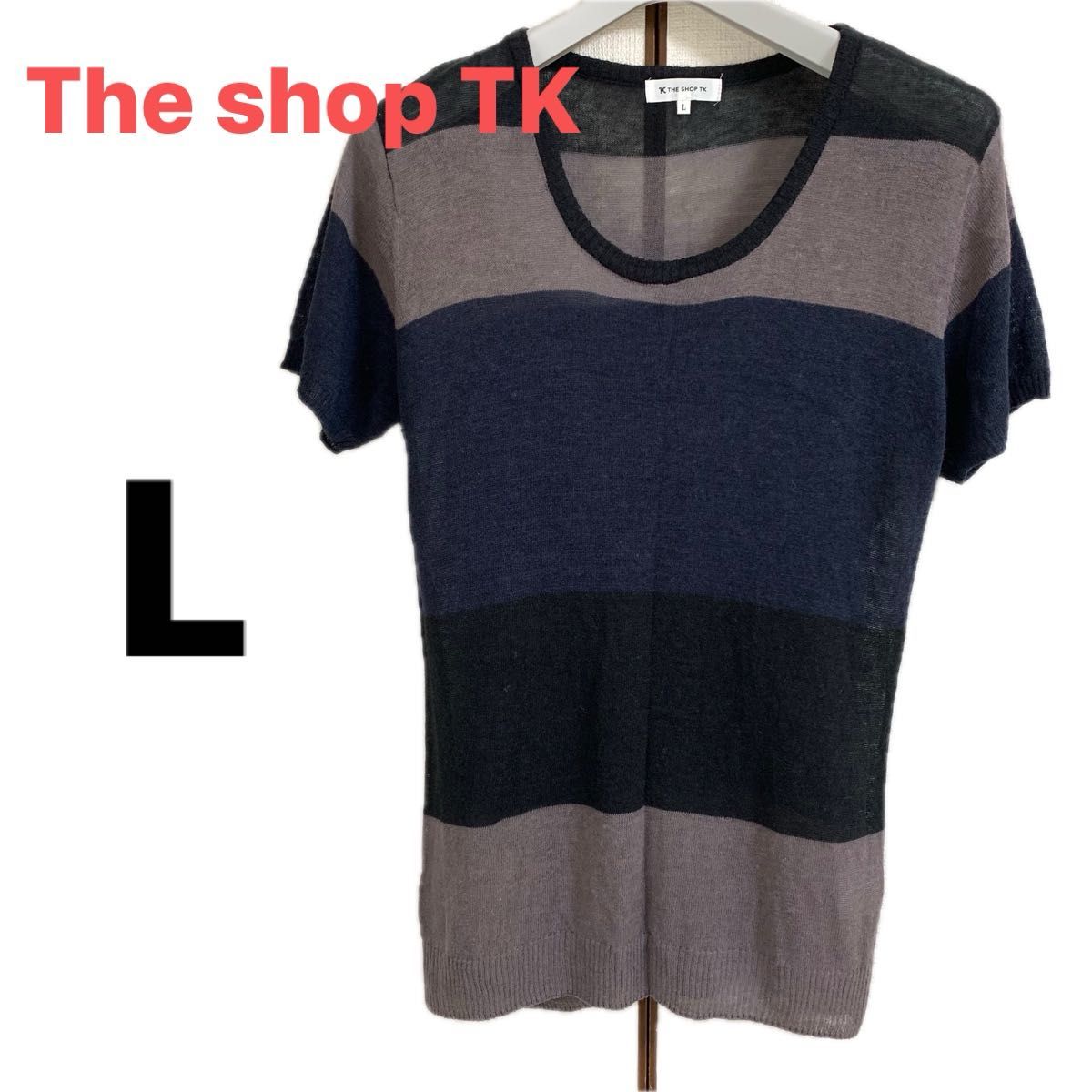 TheshopTK ザショップティーケー Lサイズ Tシャツ 半袖 カットソー ニット クルーネック ブラック シアー  Uネック
