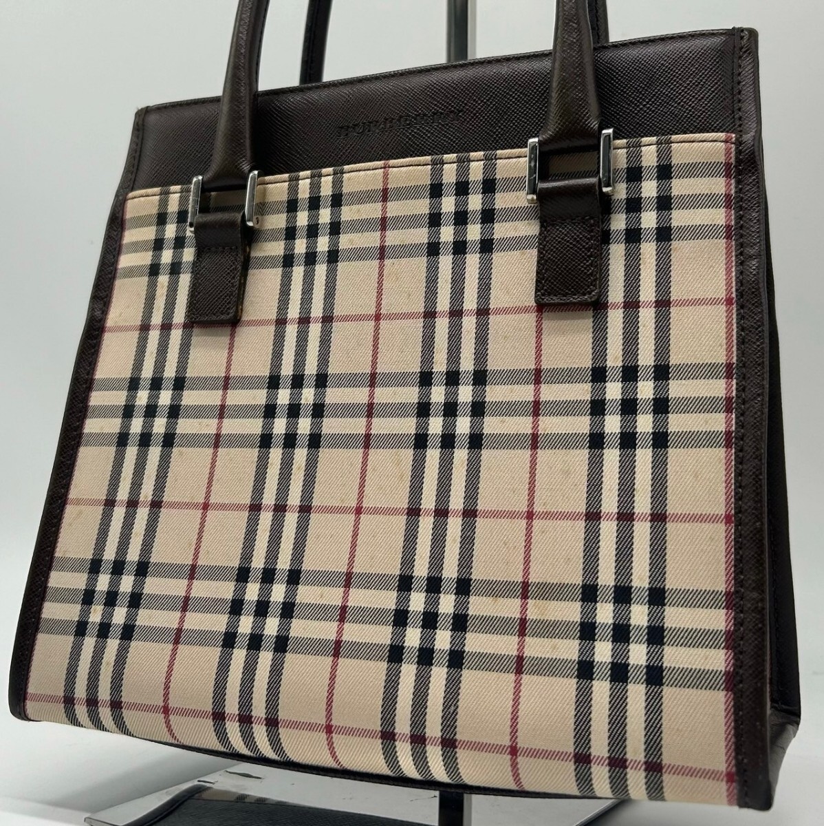 現行近◆美品 バーバリー BURBERRY スクエア トートバッグ ハンドバッグ ノバチェック キャンバス レザー サフィアーノ 本革 鞄 SV金具の画像1