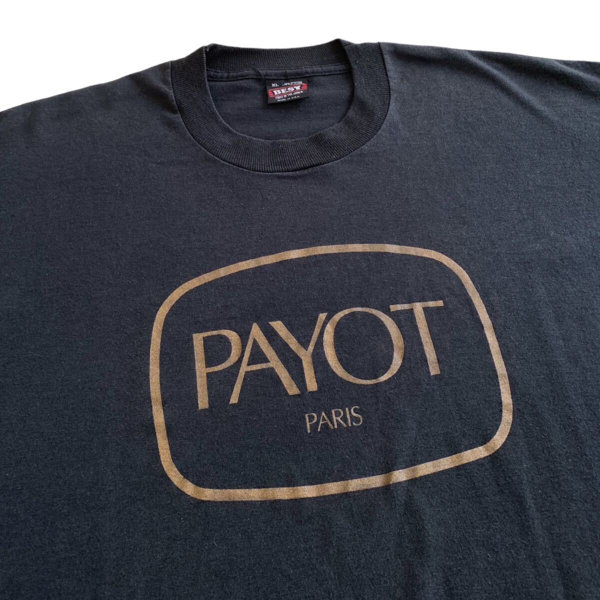 90's USA製 PAYOT プリントTシャツ XL ブラック ゴールド 黒 フランス 化粧品 企業 パイヨ ロゴ FRUIT OF THE LOOM ビンテージ オールド_画像2