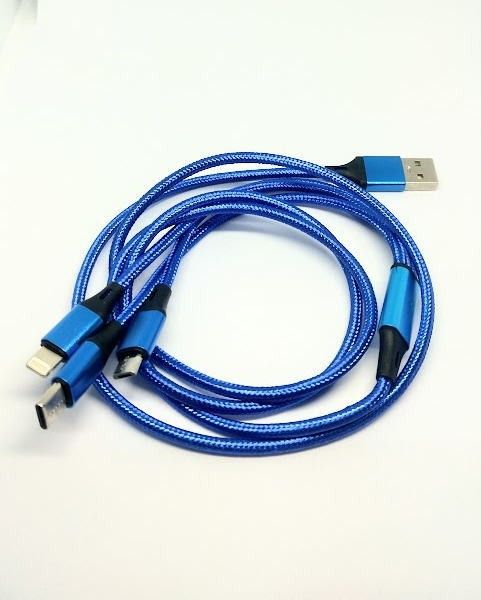 3in1 USB充電ケーブル1.2m Type-C iPhone MicroUSB一本で三役 Android 同時充電可ブルー