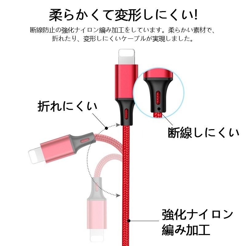 3in1 USB充電ケーブル1.2m Type-C iPhone MicroUSB一本で三役 Android 同時充電可ゴールド