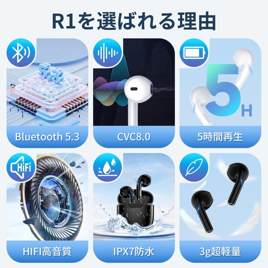 ワイヤレスイヤホン iPhone Android対応 Bluetooth5.3 自動接続 HiFi 高音質 超軽量 省工ネ イヤホン CSV8.0 防水の画像4