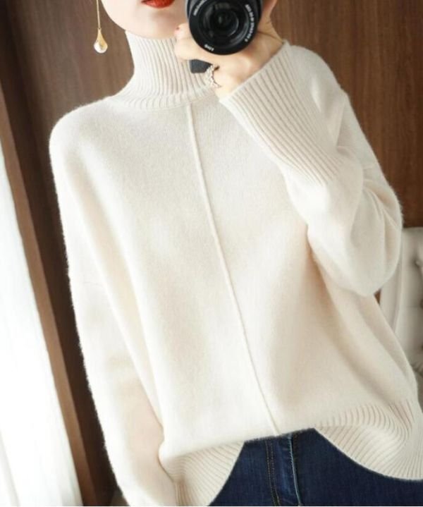 LB462 高品質 ニットセーター ふんわり ゆったり 暖か ミンクカシミヤ デザイン ハイネック ニット トップス バラ色_画像8