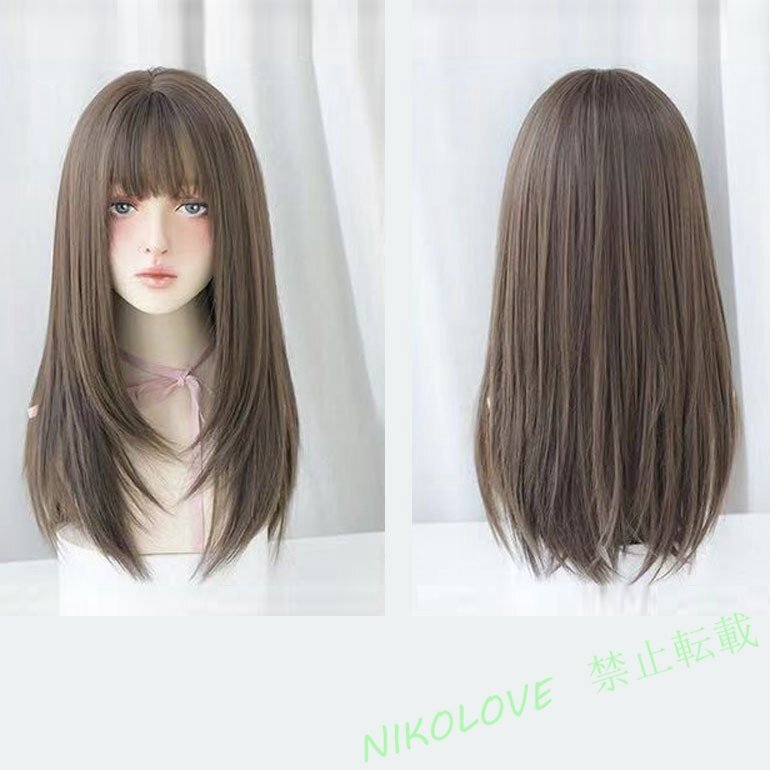 新品 フルウィッグ セミロング かつら レディース 女装 自然 wig ストレート ぱっつん前髪 カツラ 女性 ライトブラウン LA464_画像1