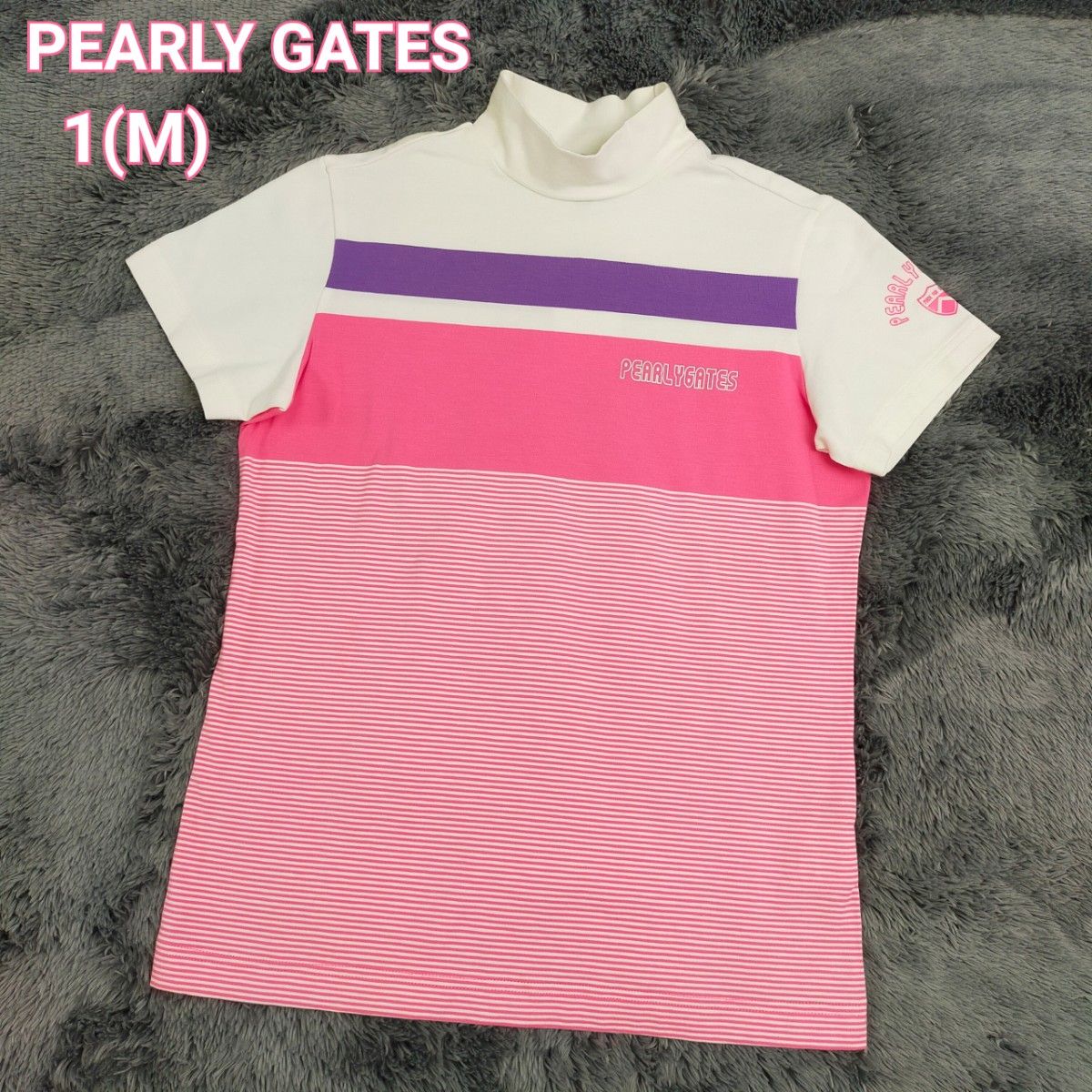 PEARLY GATES パーリーゲイツ 春夏 モックネックシャツ ボーダー柄 白 × ピンク × 紫色 ストレッチ レディース 
