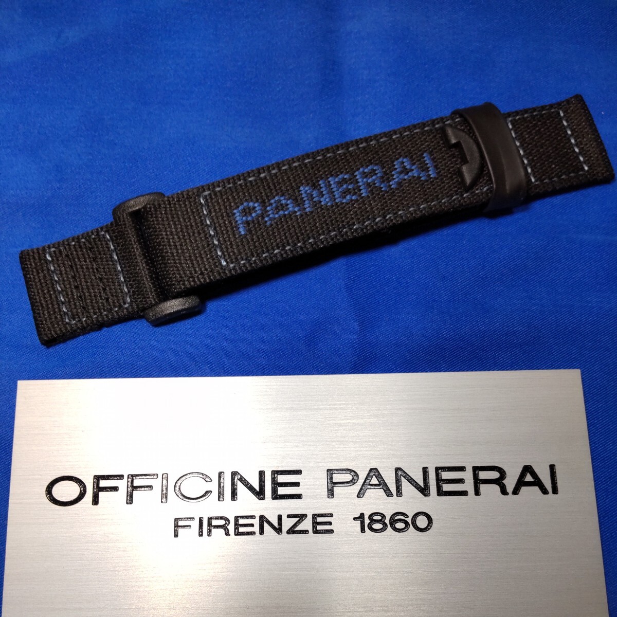 OFFICINE PANERAI 正規 パネライ 純正 ポリエステル ベルクロ ストラップ ベルト 黒 青 ナイロン MX00149T 未使用 ベルト留め 遊環 跡ありの画像1