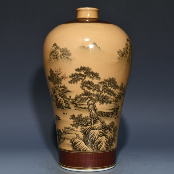 古びた蔵『清 雍正年製 陶磁器 木紋釉辺墨彩山水人物紋 梅瓶 古びた蔵『清 雍正年製 陶磁器 木紋釉辺墨彩山水人物紋 梅瓶