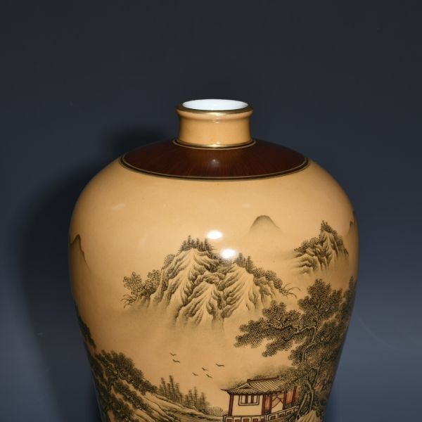 古びた蔵『清 雍正年製 陶磁器 木紋釉辺墨彩山水人物紋 梅瓶 古びた蔵『清 雍正年製 陶磁器 木紋釉辺墨彩山水人物紋 梅瓶