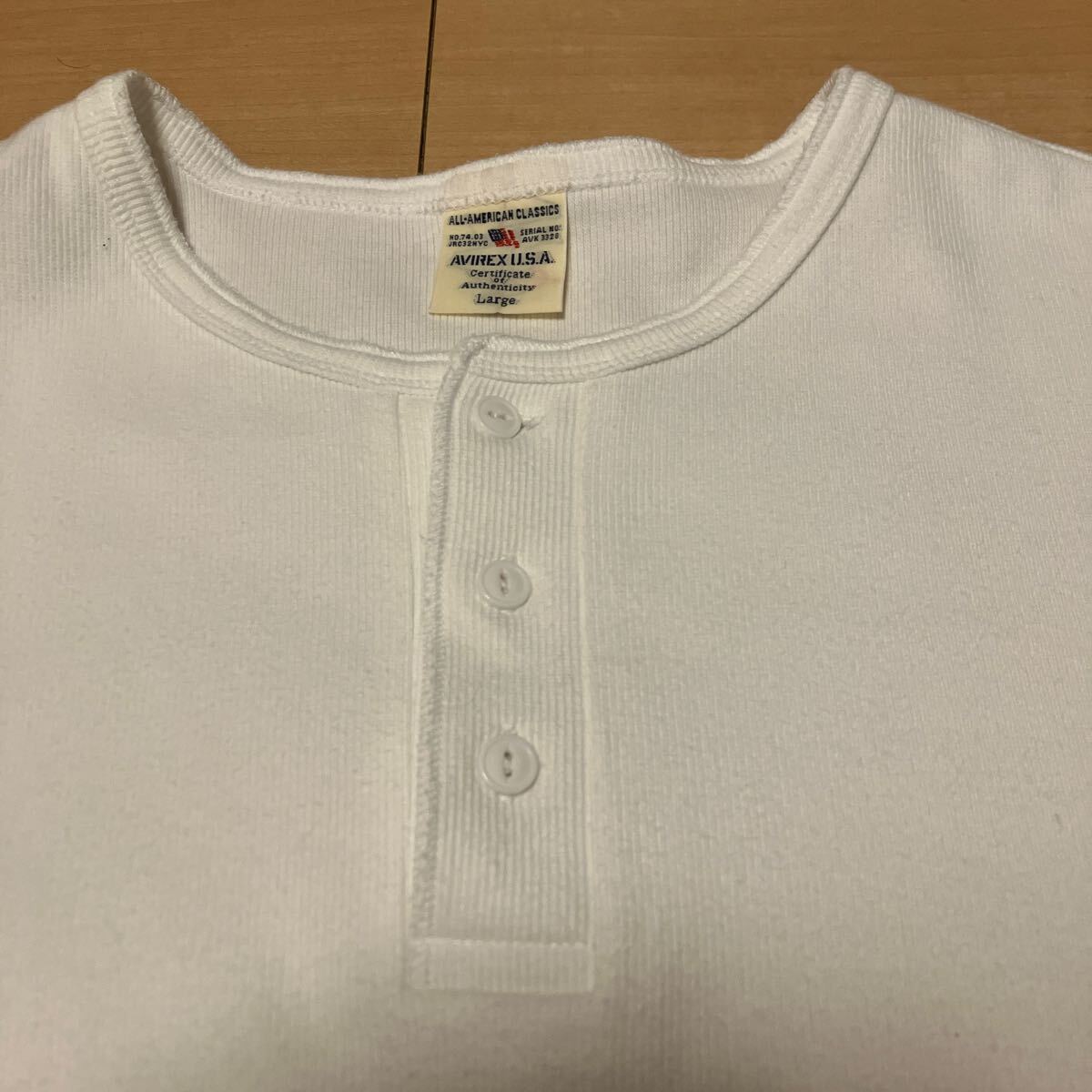 AVIREX ヘンリーネック 半袖 Tシャツ 白 Lサイズ 綿95% ポリウレタン5% 上野商会 6143504 (240422)_画像2