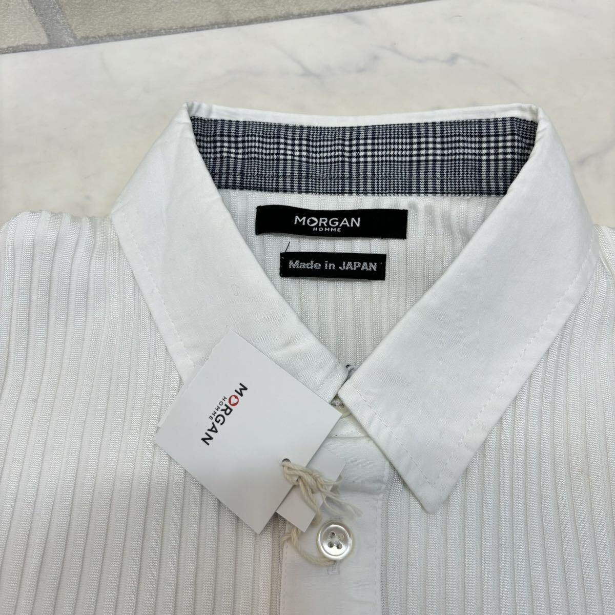 新品 タグ付き 日本製 定価:9,000円 MORGAN 半袖 ポロシャツ リブニット 白 ホワイト メンズ L 綿45%の画像4