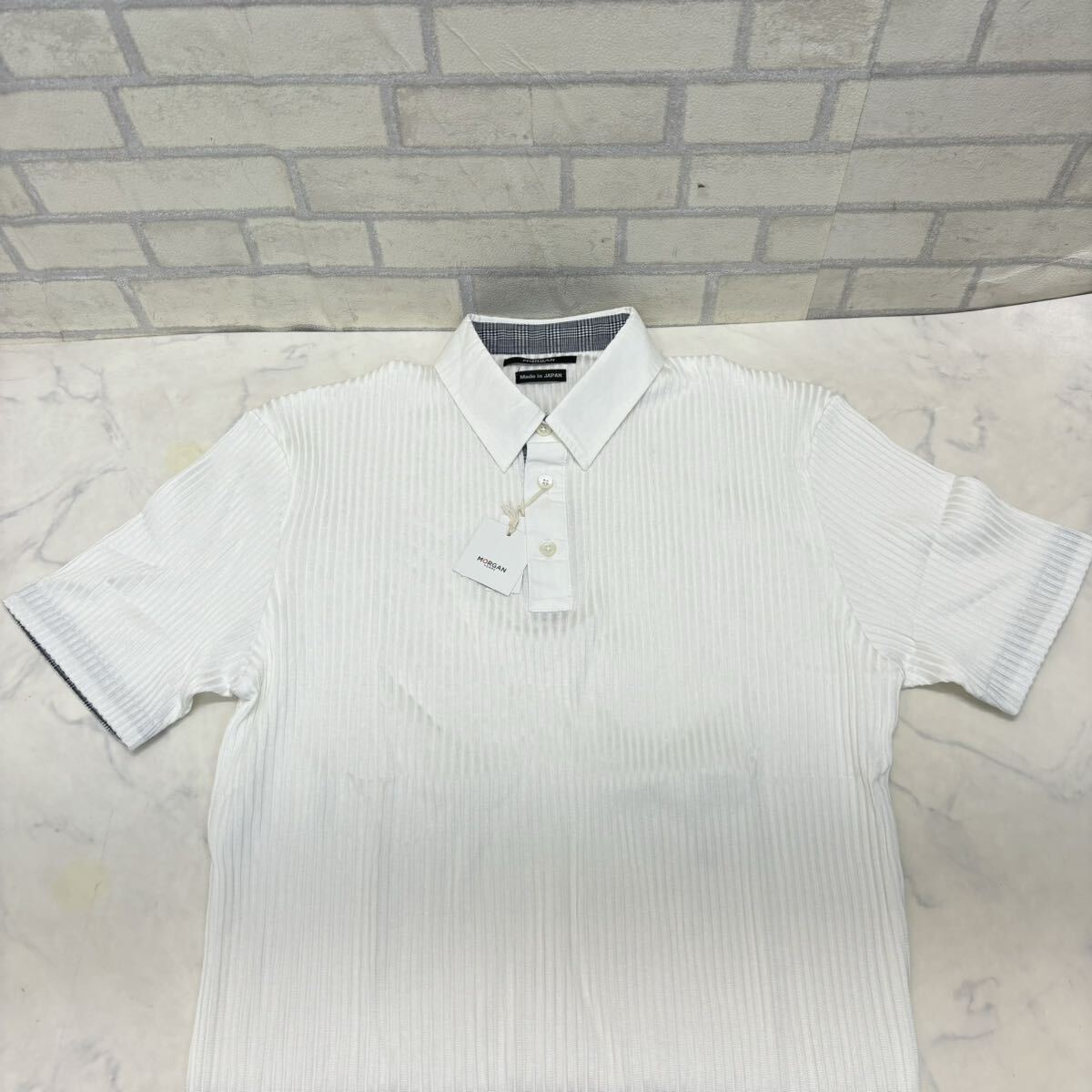 新品 タグ付き 日本製 定価:9,000円 MORGAN 半袖 ポロシャツ リブニット 白 ホワイト メンズ L 綿45%の画像3