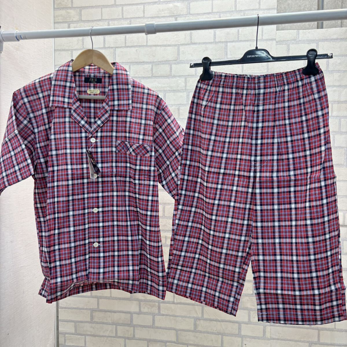 新品 タグ付き DAKS 日本製 パジャマ ルームウェア 半袖シャツ 七分パンツ 綿100% メンズ M チェック 赤 夏用_画像1