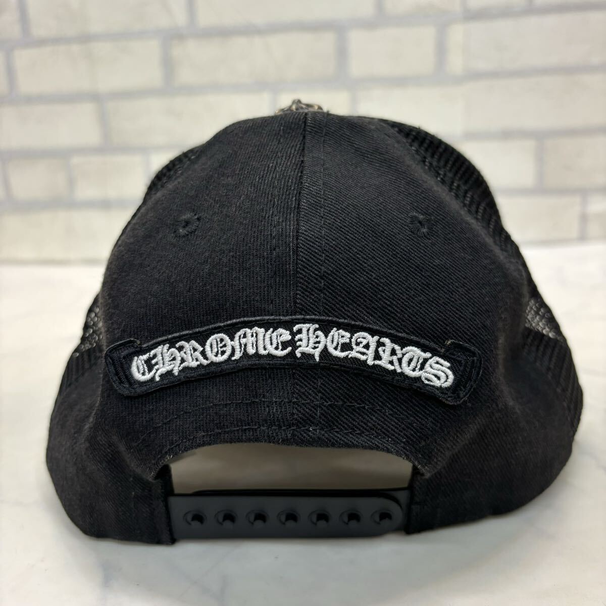 美品 国内正規品 CHROME HEARTS クロムハーツ トラッカーキャップ フレアニープリント ブラックデニム 帽子 黒 メッシュ アメリカ製_画像4