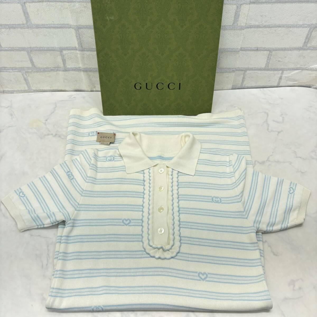 極美品 イタリア製 Gucci ワンピース ニット サイズ10 水色 青 ボーダー レディース 綿 コットン 女の子 ジュニア_画像1