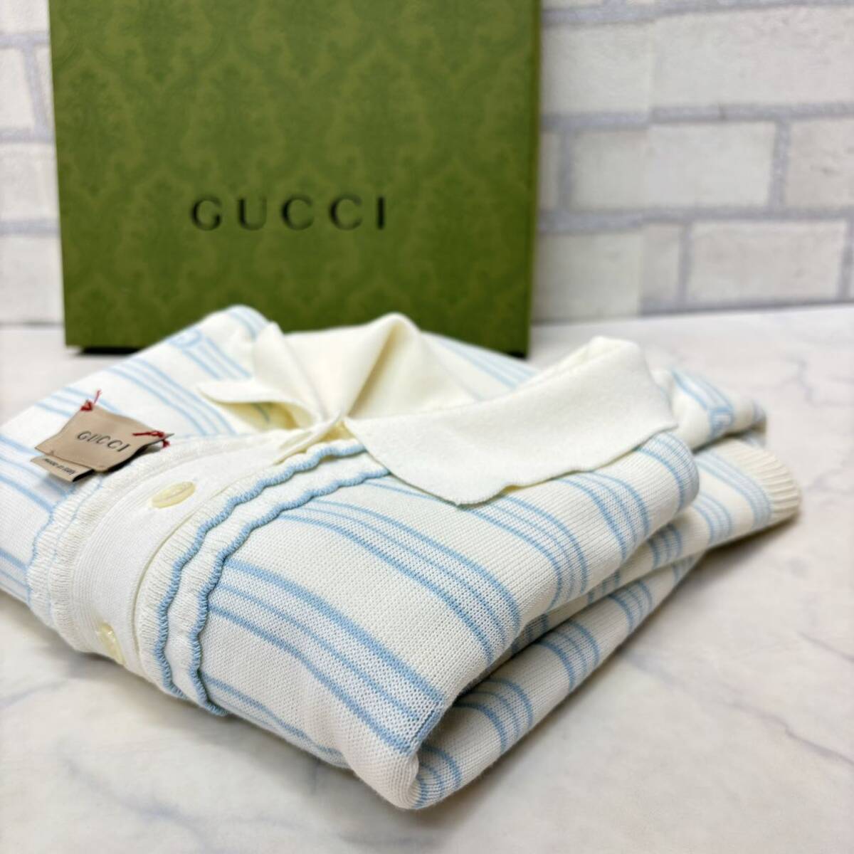 極美品 イタリア製 Gucci ワンピース ニット サイズ10 水色 青 ボーダー レディース 綿 コットン 女の子 ジュニア_画像8