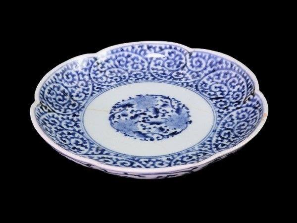 [ gold . raw materials ] 645 old Imari blue and white ceramics . Tang .. map wheel flower 6 size plate Edo period 
