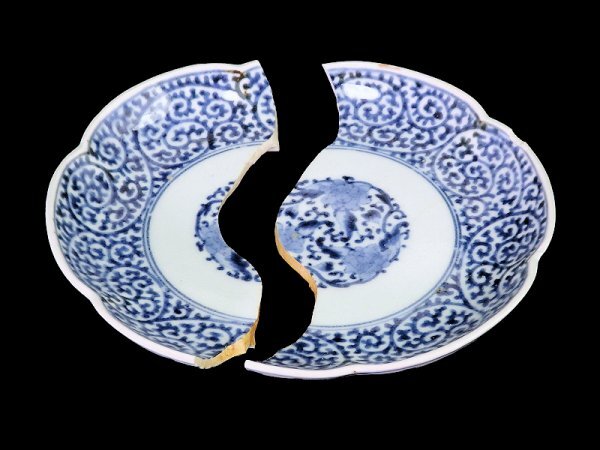 [ gold . raw materials ] 645 old Imari blue and white ceramics . Tang .. map wheel flower 6 size plate Edo period 