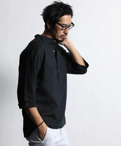 The DUFFER of ST.GEORGE　3Q COTTON/LINEN 7分袖 コットン/リネン ノーカラーシャツ S