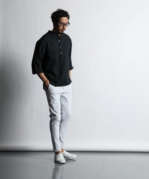 The DUFFER of ST.GEORGE　3Q COTTON/LINEN 7分袖 コットン/リネン ノーカラーシャツ S