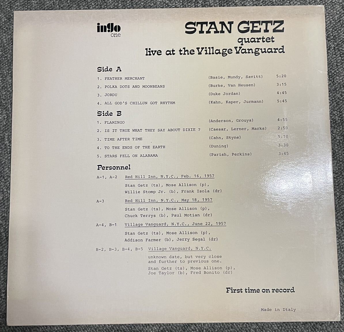 【LP・輸入盤】STAN GETZ / スタン・ゲッツ / STAN GETZ quartet live at the Village Vanguard【made in Italy】の画像2