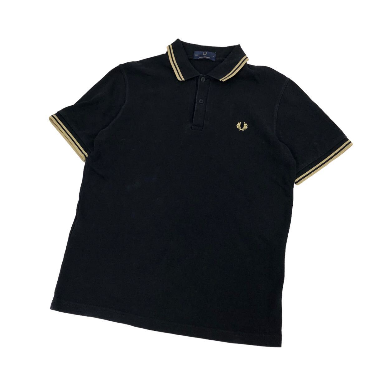 H717③ 英国製 FRED PERRY フレッドペリー 半袖 鹿の子 ポロシャツ シャツ トップス 黒 綿100% イングランド製 メンズ 40の画像1