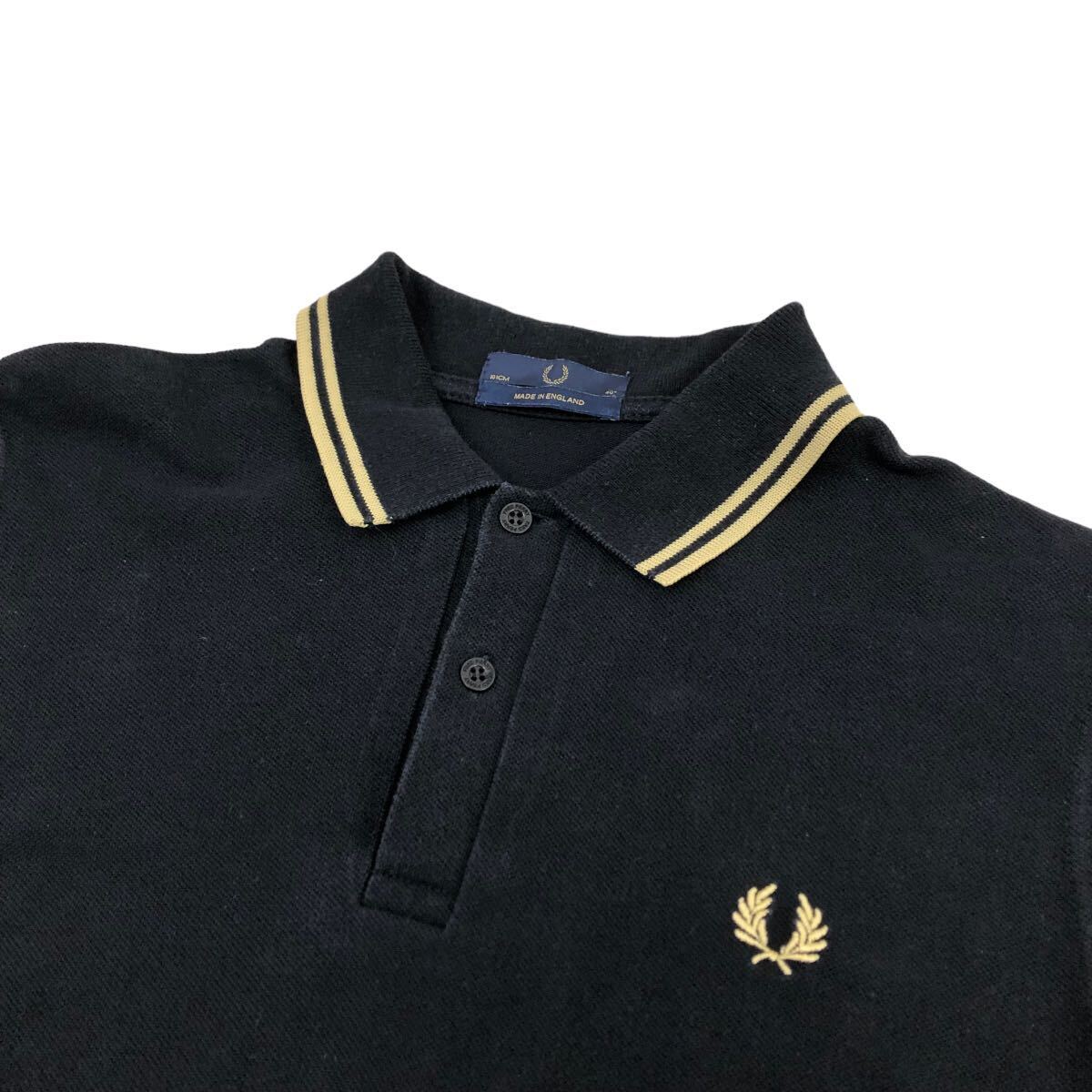 H717③ 英国製 FRED PERRY フレッドペリー 半袖 鹿の子 ポロシャツ シャツ トップス 黒 綿100% イングランド製 メンズ 40の画像9