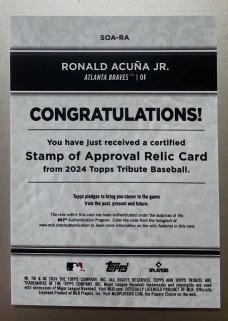 2024 Topps Tribute Stamp of Approval Relics #SOARA Ronald Acuna Jr. 190/199の画像2