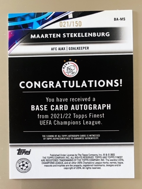 2021-22 Finest UEFA Champions League Autographs Blue Refractors #BAMS Maarten Stekelenburg 021/150_画像2