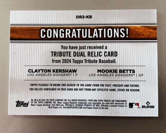2024 Topps Tribute Dual Player Relics #DR2KB Mookie Betts/Clayton Kershaw 073/199の画像2