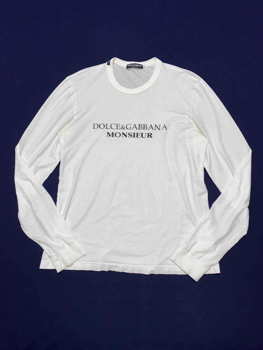 春夏メンズ ドルチェ&ガッバーナ MONSIEUR ロゴプリント シアー コットン クルーネック ネックロゴチケット 白 長袖Tシャツ ロンTの画像1