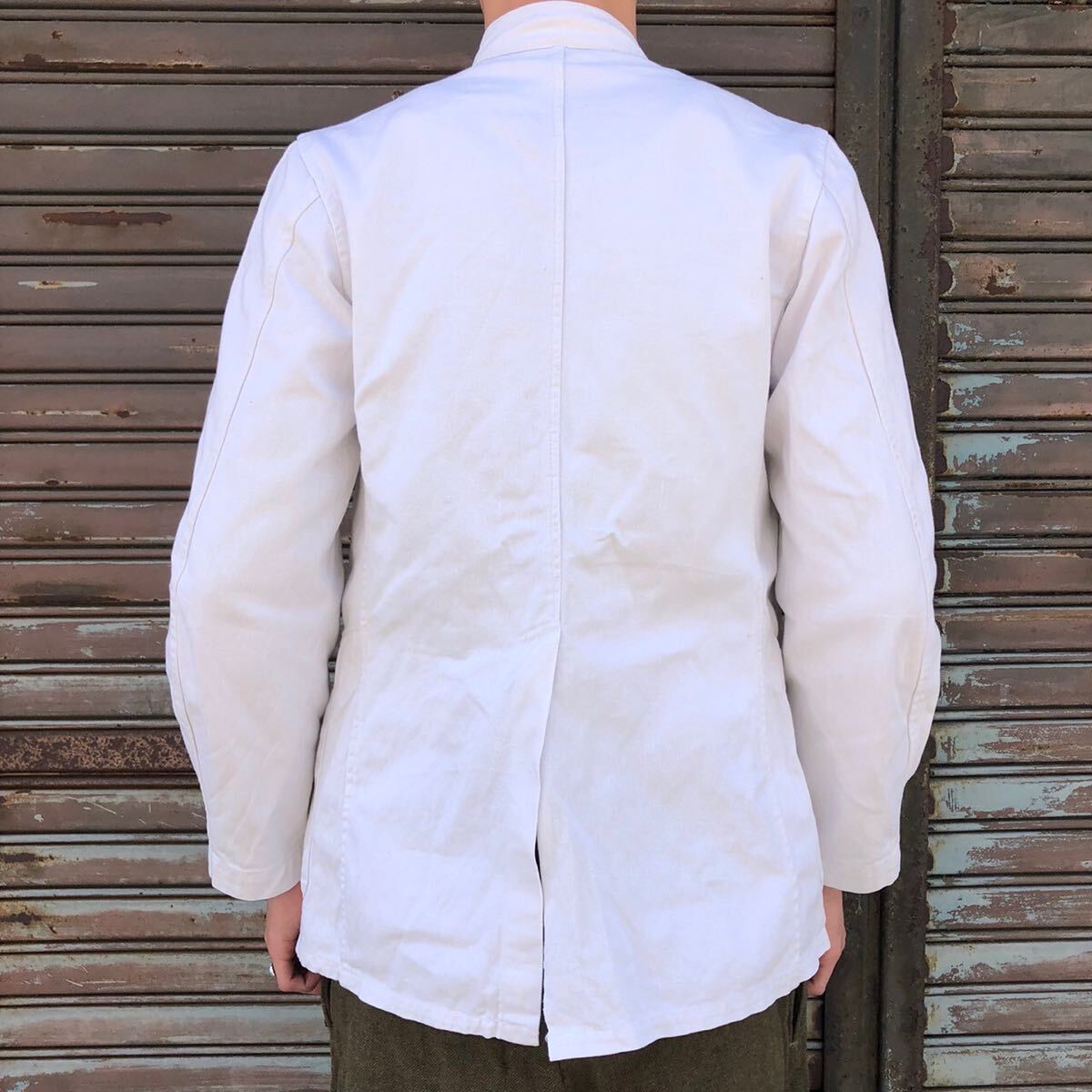 ユーロ ヴィンテージ ワークジャケット カバーオール ホワイト テーラード ワークシャツ 白 ホスピタル シャツ コットン フレンチ コック S_画像6