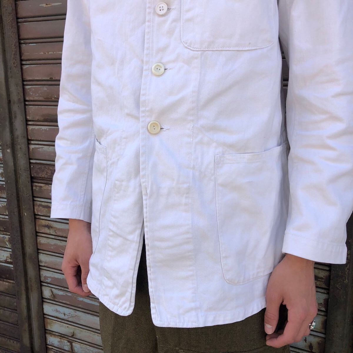 ユーロ ヴィンテージ ワークジャケット カバーオール ホワイト テーラード ワークシャツ 白 ホスピタル シャツ コットン フレンチ コック S_画像3