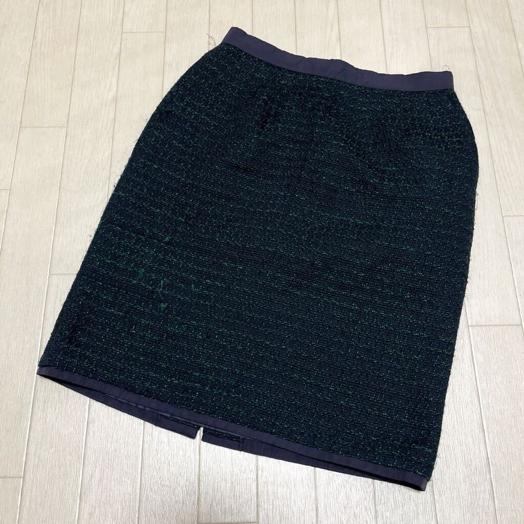 和296★ Demi Luxe BEAMS デミルクス ビームス セットアップ ノーカラージャケット スカート ホック 38 グリーン ネイビー レディース_画像4