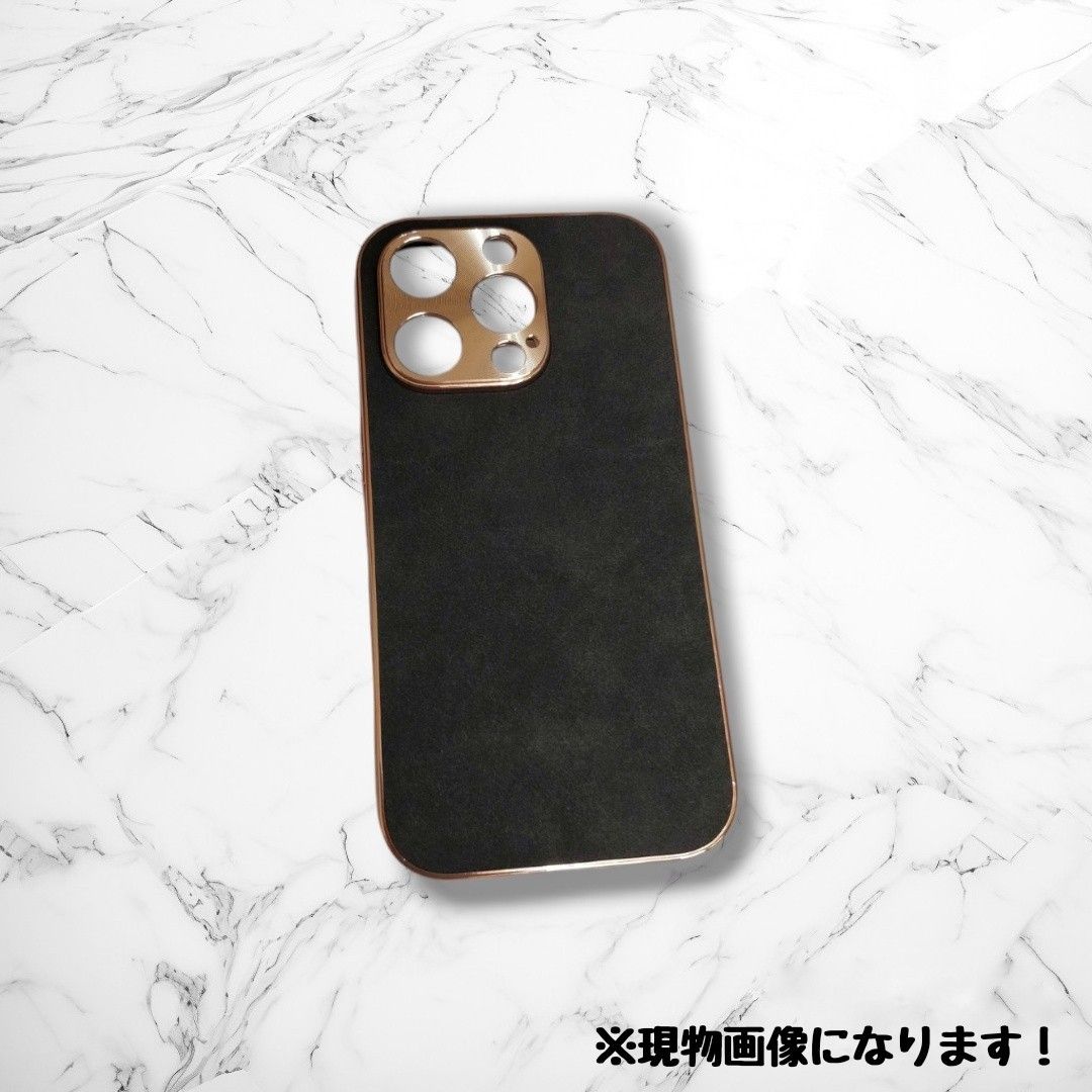 iPhone15pro ケース ブラック レザー風 ゴールドフレーム おしゃれ 韓国 新品