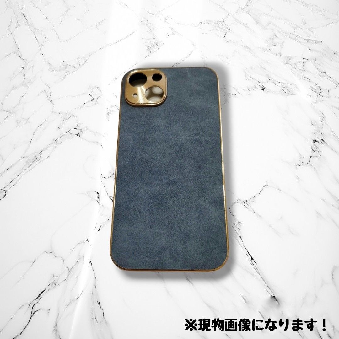 iPhone15 ケース カバー レザー風 ブルー ゴールドフレーム おしゃれ 韓国 新品