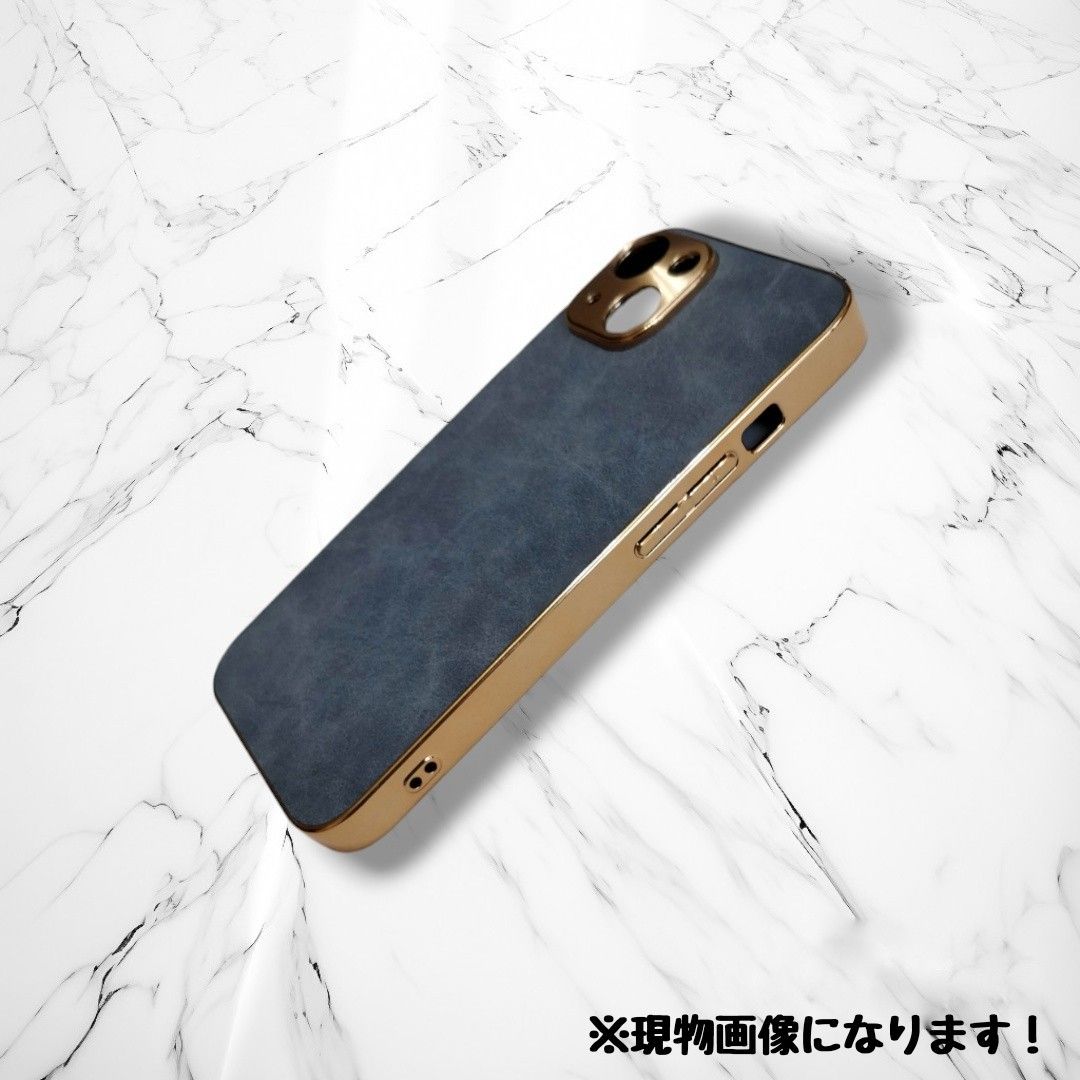 iPhone15 ケース カバー レザー風 ブルー ゴールドフレーム おしゃれ 韓国 新品