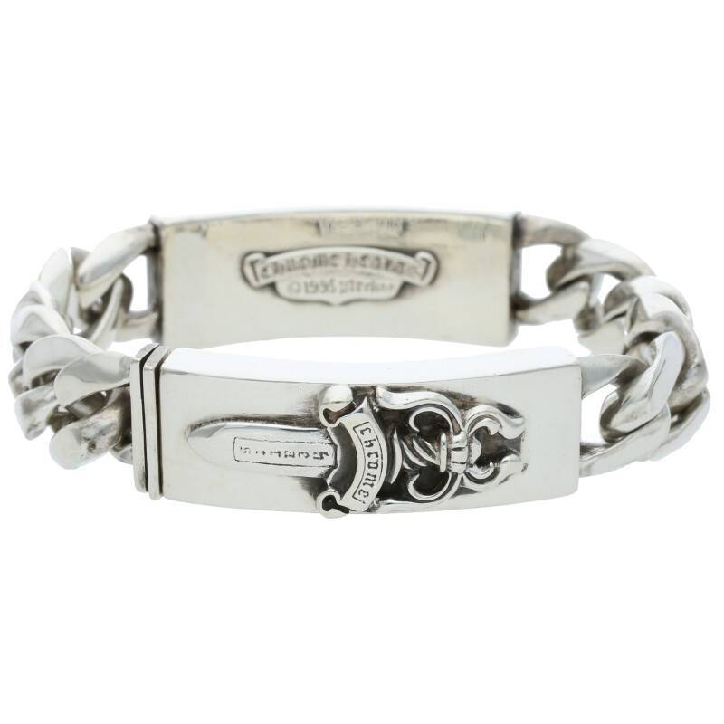 クロムハーツ Chrome Hearts ID DBL FLRL DGGR/ダブルIDフローラルハートダガー シルバーブレスレット 中古 SS07_画像1