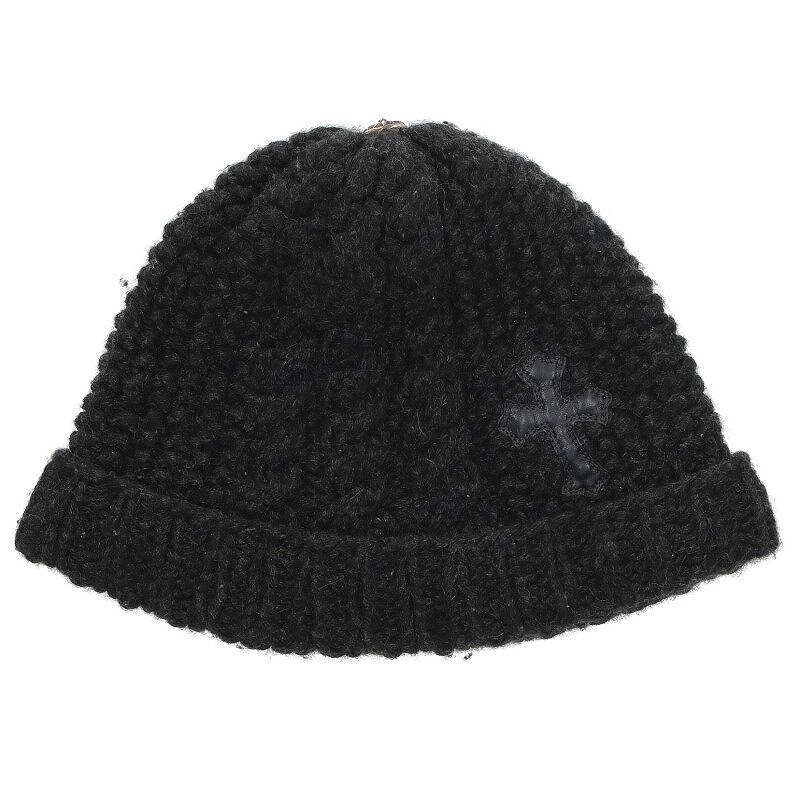 クロムハーツ Chrome Hearts BEANIE CASH/レザーパッチビーニー クロスボールボタンレザーパッチカシミヤニット帽 中古 SS07_画像1