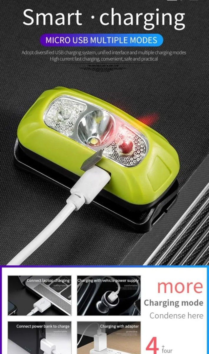 【NEW】LEDヘッドライト　USB充電式 　センサー機能搭載！3モード 角度調整可能 、軽量、防水　グリーン！　セール品！