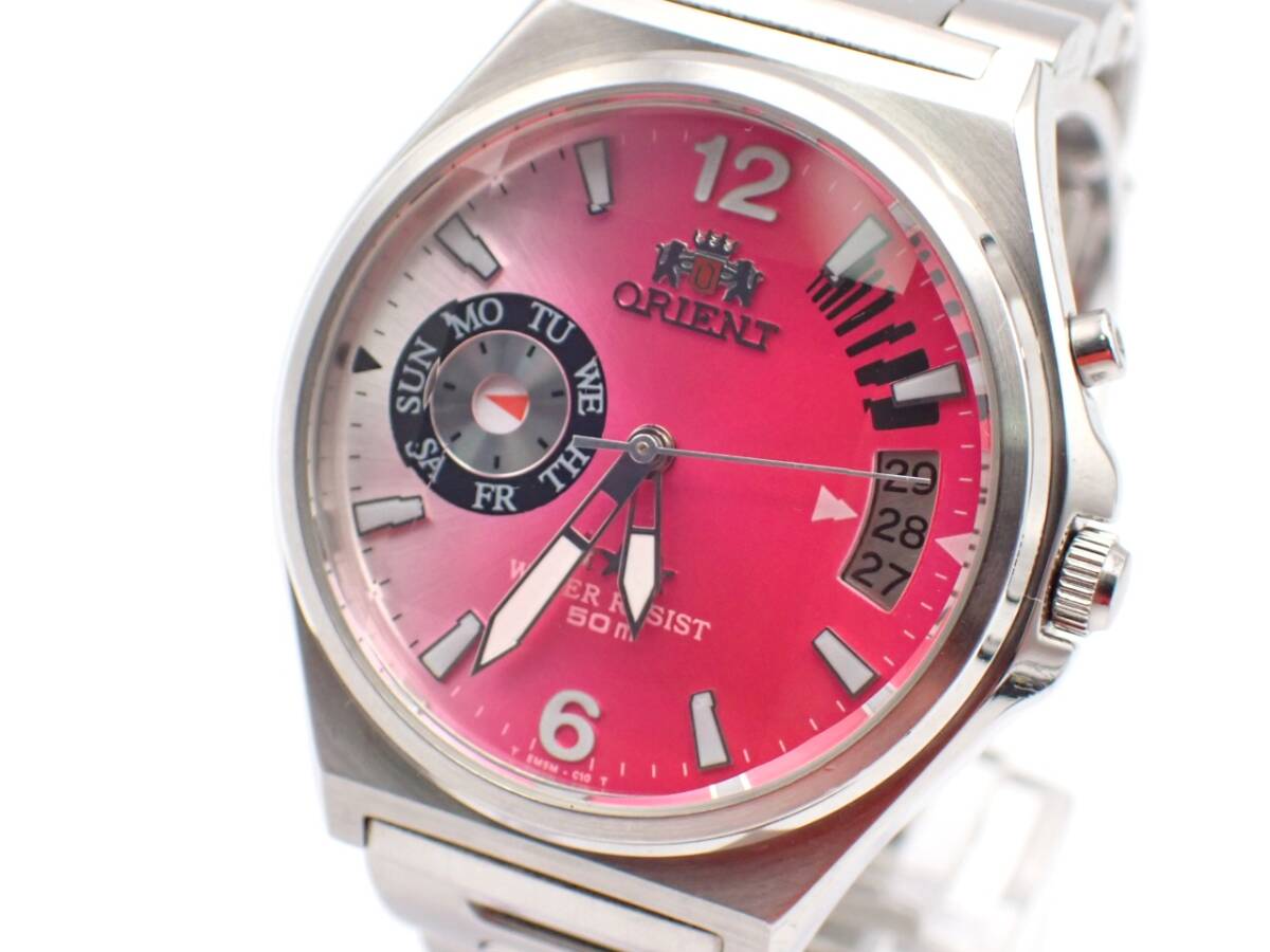 1000円～☆ORIENT オリエント AT/自動巻き メンズ腕時計 EM5M-C5 CA デイデイト ピンク文字盤 カットガラス シルバーカラー/62706-3の画像1