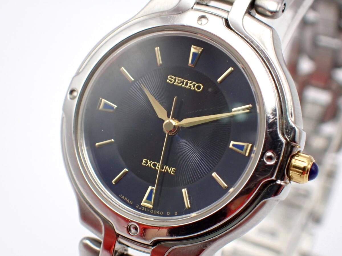 稼働品☆1000円～☆SEIKO セイコー QZ レディース腕時計 EXCELINE エクセリーヌ 2J31-0020 黒文字盤 ラウンド シルバーカラー/02107-700-2の画像1