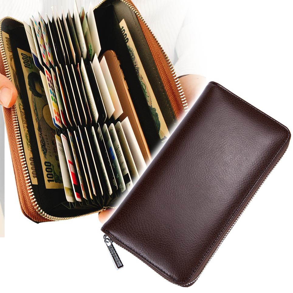 【送料無料】 長財布 メンズ ラウンドファスナー 大容量 牛革 ブラウン カード大量収納 レザー 財布 カードケース 72枚収納可能