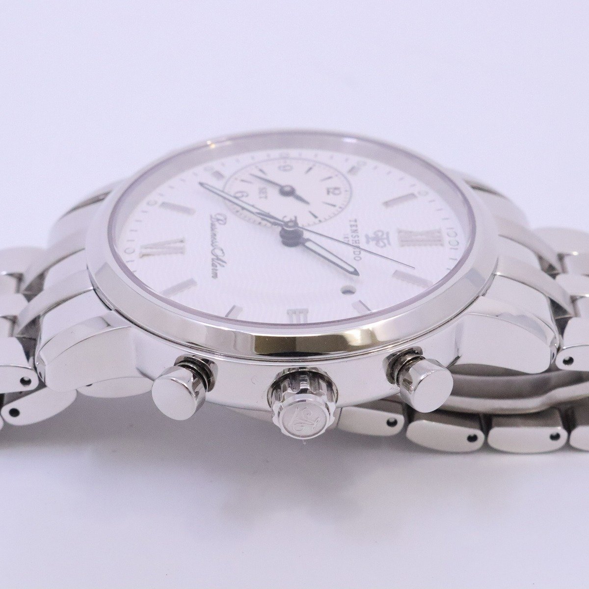 [ goods with special circumstances ] Tenshodo TENSHODO business alarm quartz men's wristwatch white face original SS belt change belt attaching [... pawnshop ]